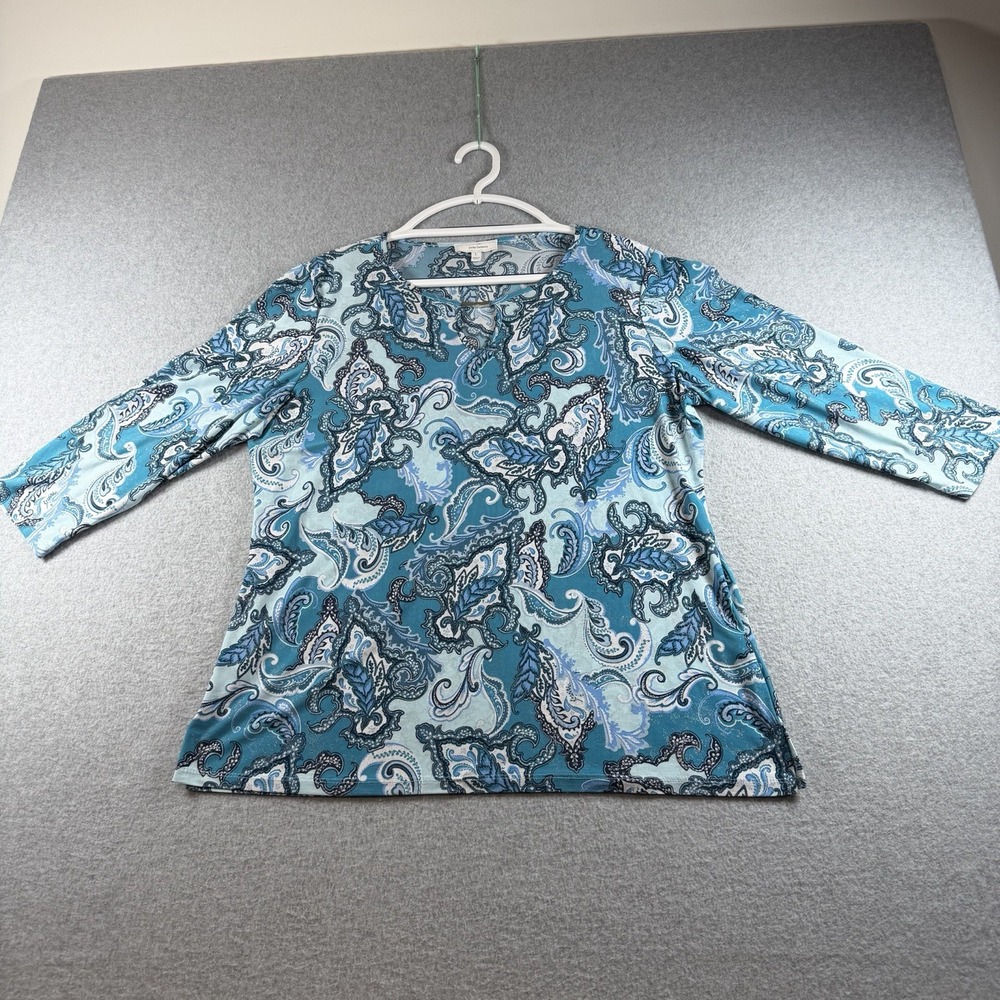 Coastal Grandma Paisley Top L Teal Blue Boho Y2K 3/4 Sleeve Keyhole Blouse Shirt
